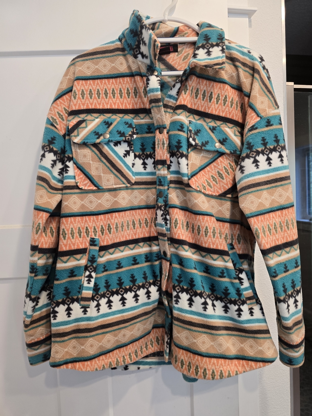 Aztec-Print Teddy Shacket in Teal & Peach